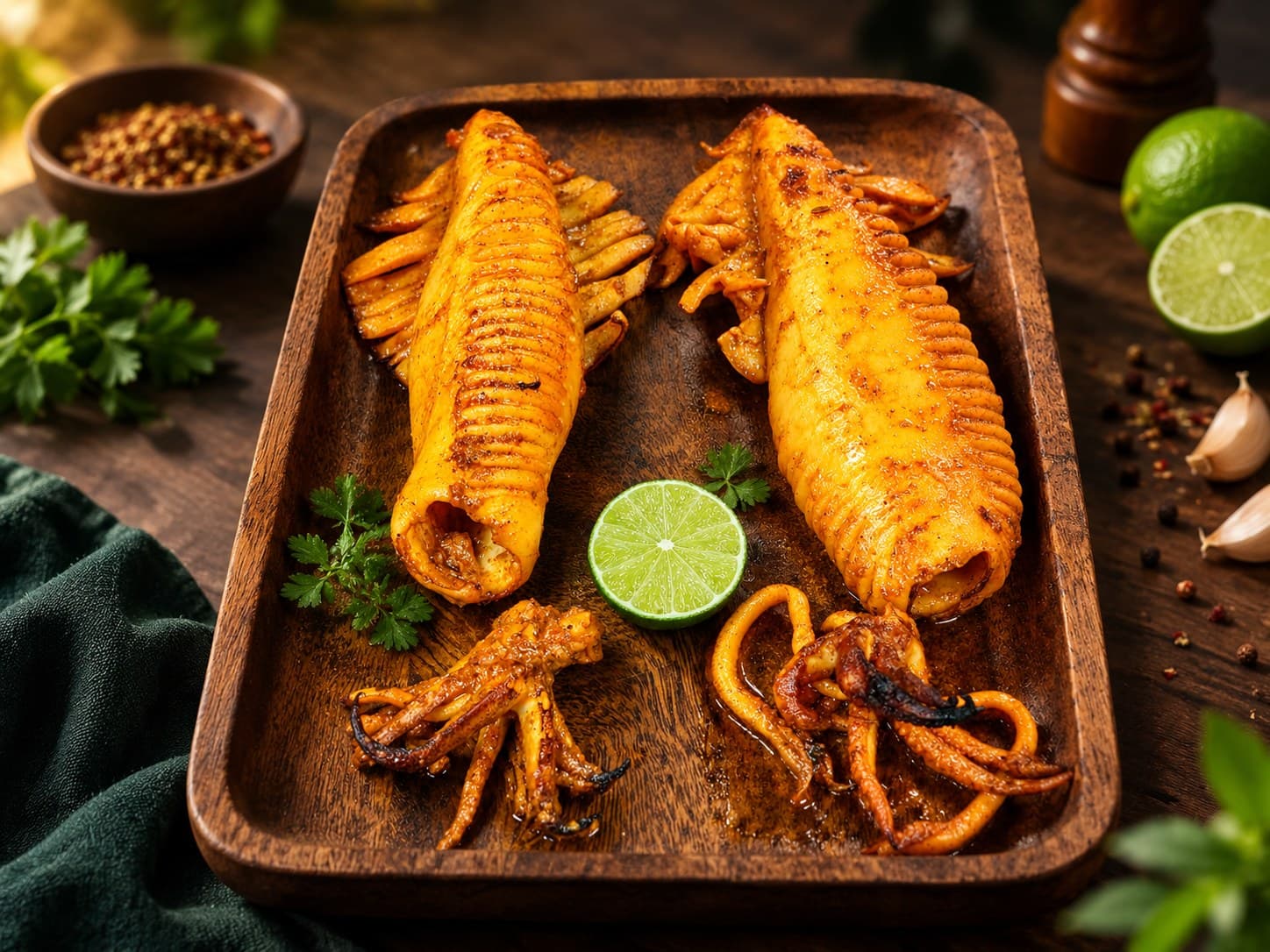 Two grilled squid in a golden marinade on a wooden tray with lime