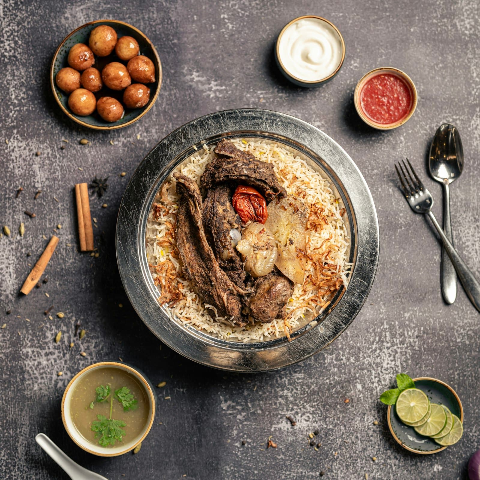 Slow-cooked meat on a tray of spiced rice, with sauces on the side