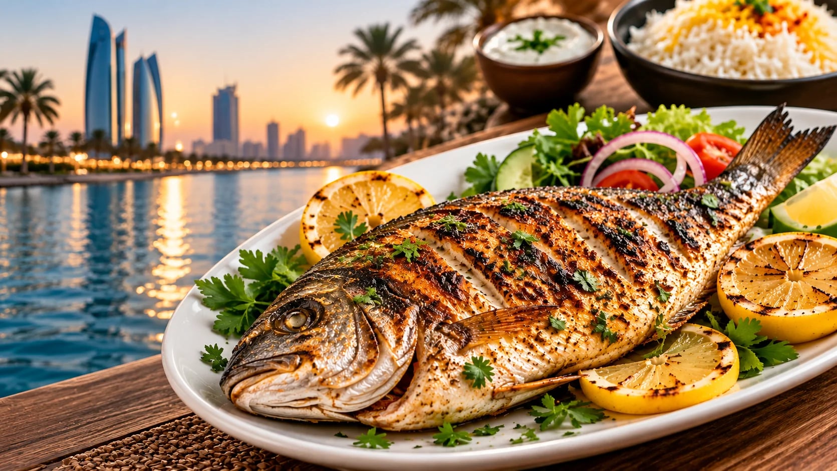 Grilled seabream served with lemon, fresh herbs, and salad at a seafood restaurant in Abu Dhabi.