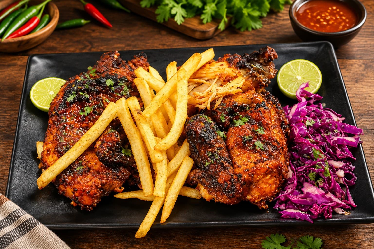 Grilled BBQ chicken with fries and red cabbage on a black platter