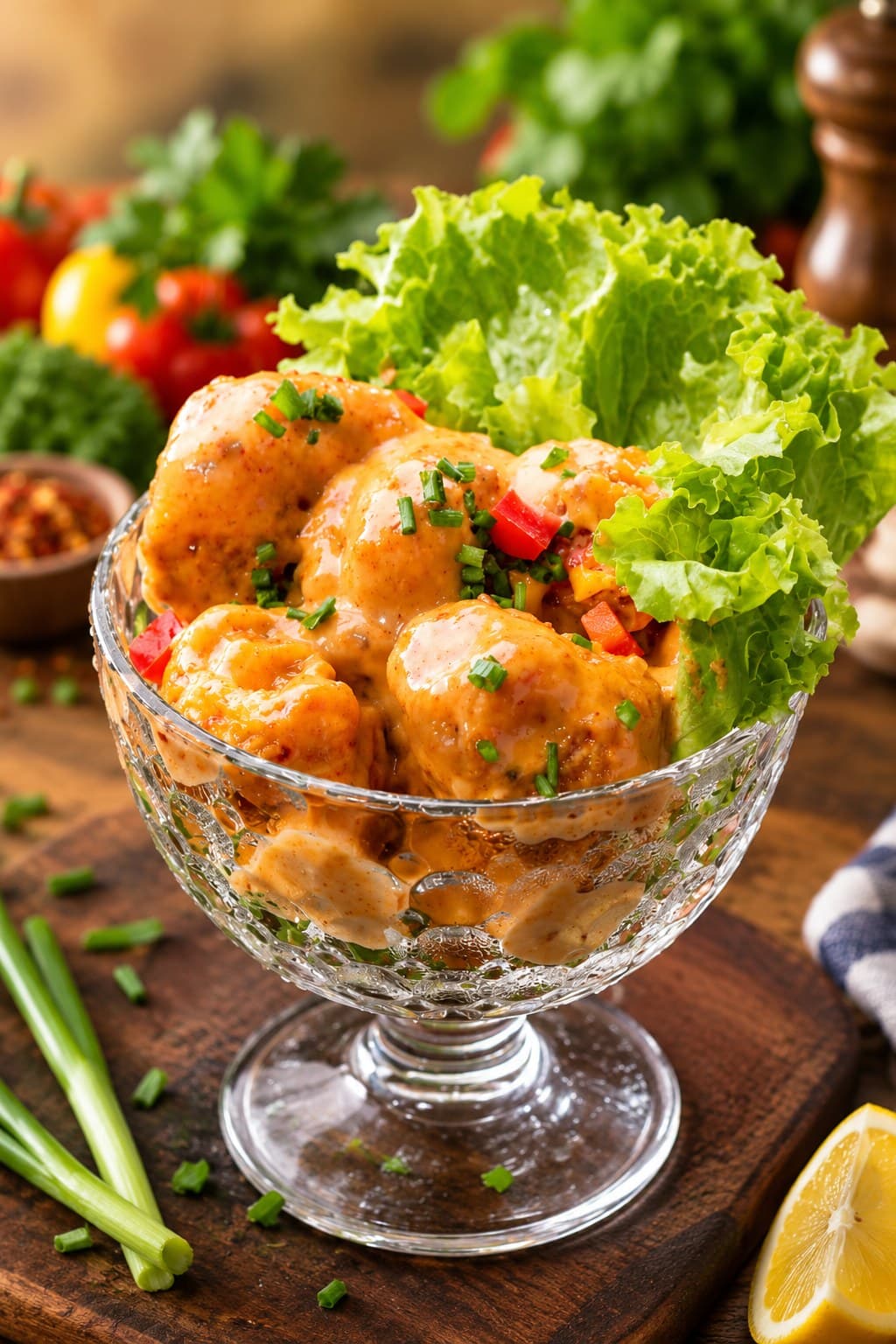 Shrimp in a creamy orange sauce in a glass bowl