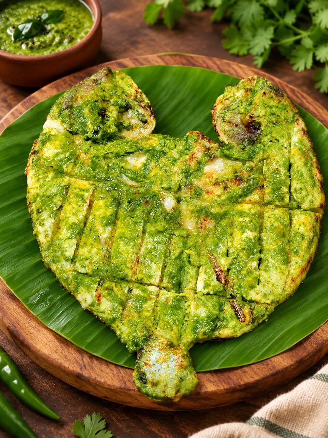 A butterflied whole fish in a green herb marinade on a banana leaf