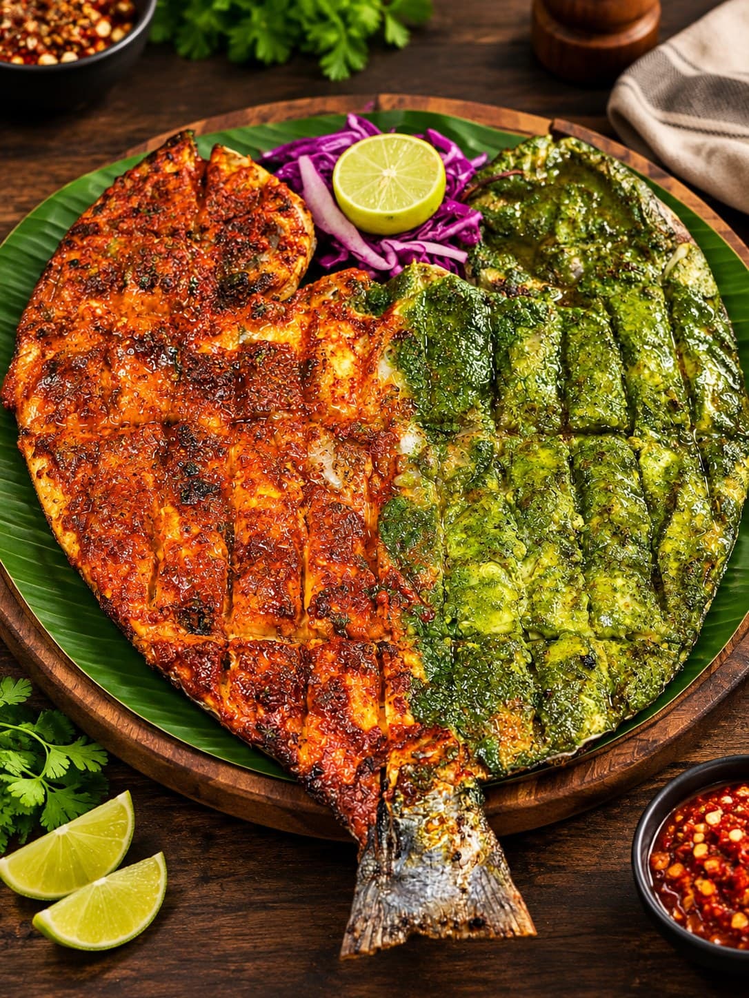 A whole grilled fish, half in red masala and half in green herb marinade, on a banana leaf