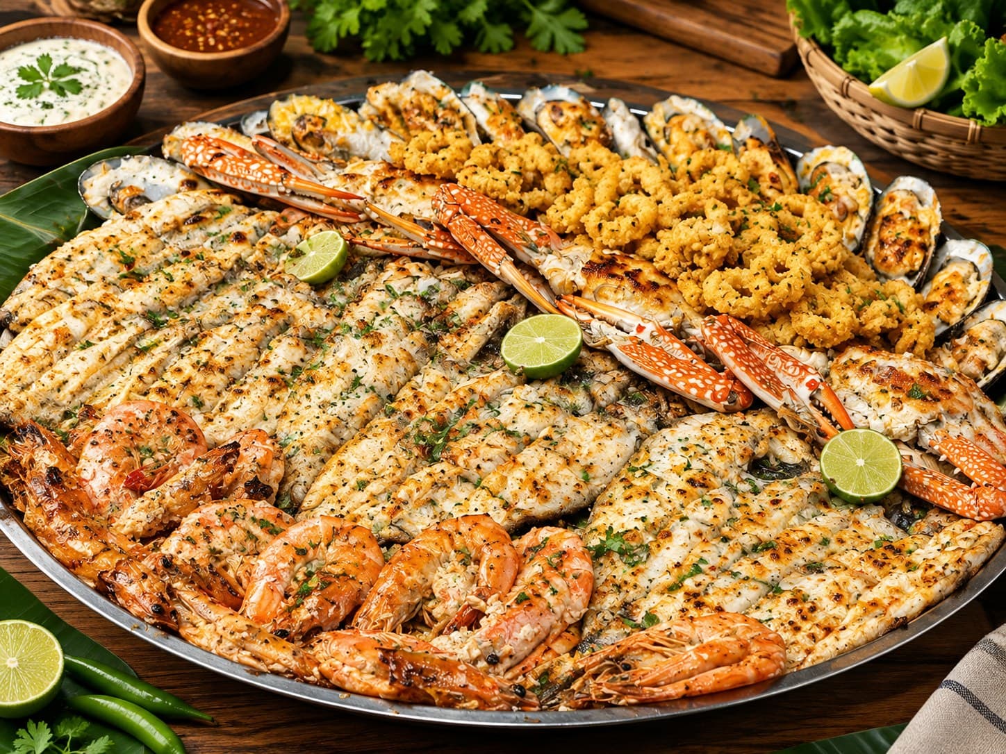 A large platter of grilled fish fillets, prawns, crab and mussels with lime