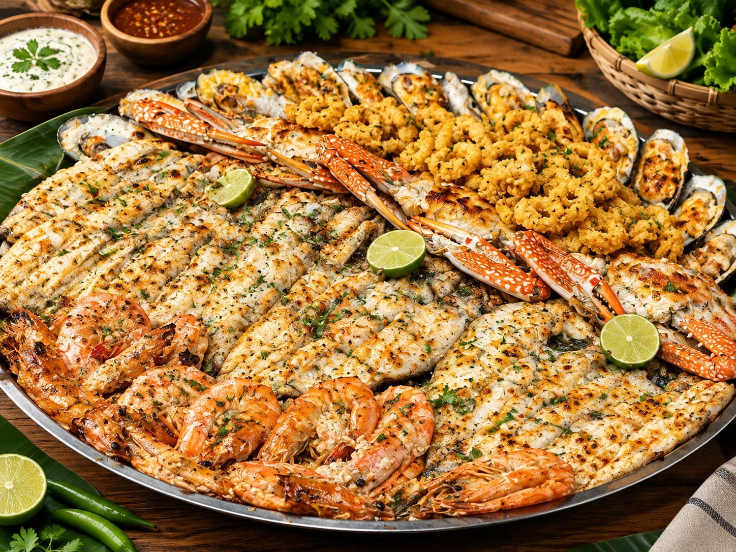 A large platter of grilled fish fillets, prawns, crab and mussels with lime