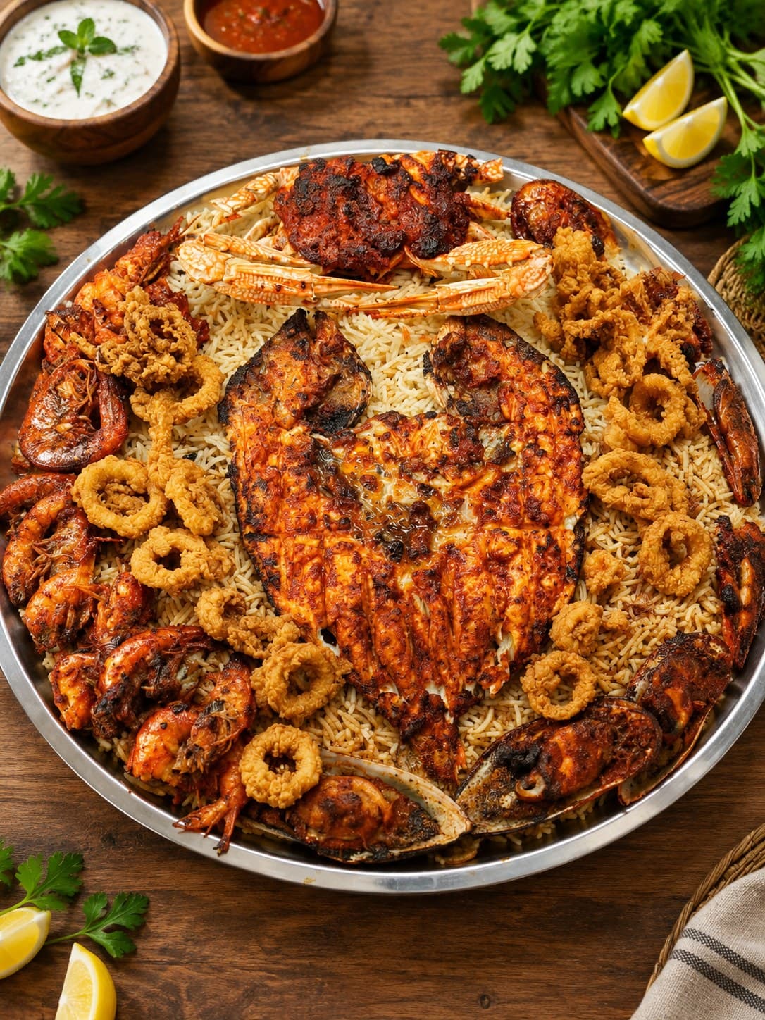 Spiced rice topped with grilled fish, prawns, crab and calamari rings