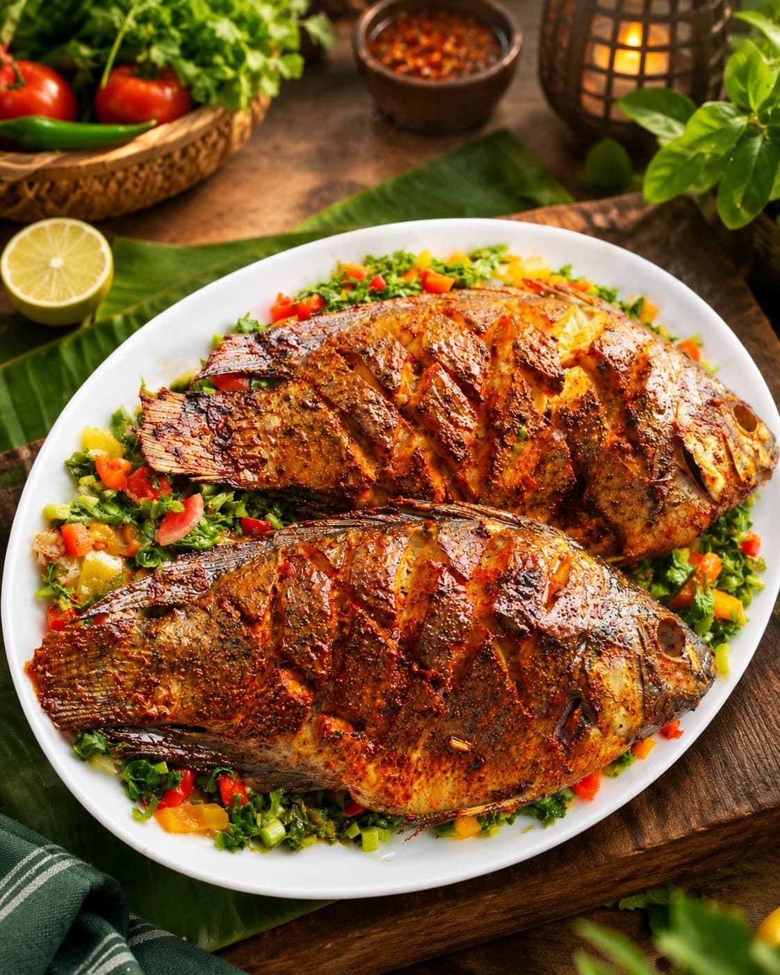 Two whole fish with crisp, scored skin on a bed of chopped salad