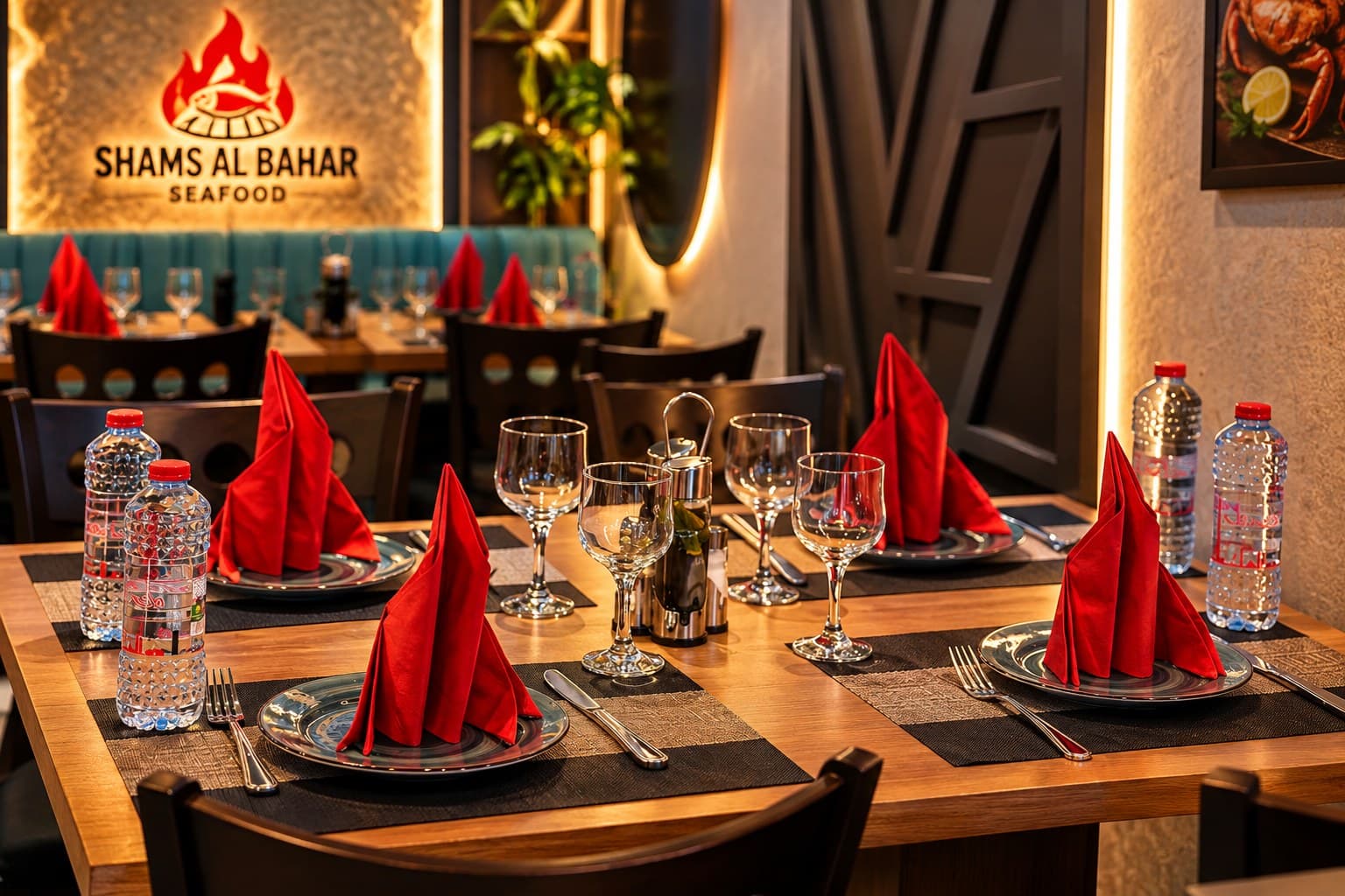 Tables set with red napkins in the Shams Al Bahar dining room, with the logo lit on the wall